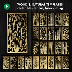 May include: A set of 20 vector files for CNC and laser cutting featuring wood and natural templates. The designs include various trees, leaves, branches, and bamboo.