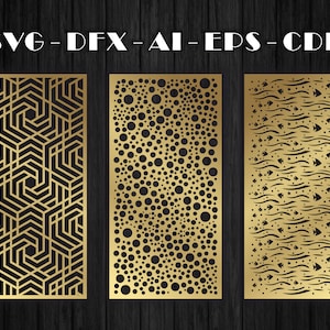 May include: Three gold-colored metal panels with different geometric patterns. The first panel has a repeating hexagonal pattern. The second panel has a repeating circle pattern. The third panel has a repeating wave pattern with small fish.
