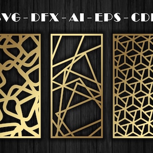 Zestaw 24 uniwersalnych wzorów geometrycznych na ścianki działowe, panele ścienne, ekrany | Pliki do cięcia laserowego w formatach Dxf, Svg, Jpg, Cdr, Eps Vector.