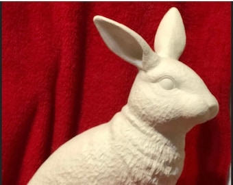 Handmade Life Size Sitting Rabbit in ceramic bisque, fired to cone 04, ready to paint by jmdceramicsart