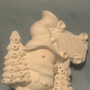Snowman with tree in ceramic bisque ready to paint
