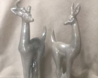 Set of Glazed Sheer Blue Mother of Pearl Ceramic Deer by jmdceramicsart