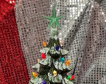 Snow-Topped Ornamented Xmas Tree - Green Glitter Ceramic Christmas Tree with Multicolor Bulbs & Plastic Star on Base - Xmas Tree Gift - Etsy