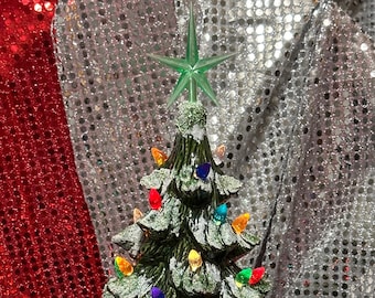 Snow - Topped Ornamented Xmas Tree - Green Glitter Ceramic Christmas Tree with Multicolor Bulbs & Plastic Star