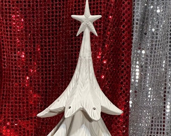 Handcrafted Ornamented Xmas tree - Festive Home Decor - 5 Piece Skirt Tree with Holes for Lights - DIY Ceramic Xmas Tree and Base - DIY Gift