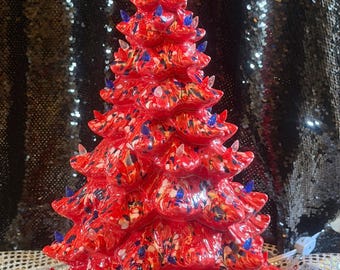 Glazed Ceramic Christmas Tree Ornament: Patriotic July 4th Celebration Tree - Large Ornamented 250th USA Anniversary Ceramic Gift Tree