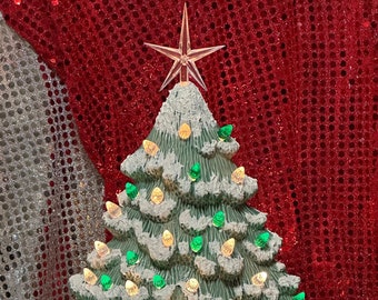 Snow-Dusted Xmas Tree and Base with Bulbs & Star -  Handcrafted Ornamented Xmas Tree - Green Glazed Ceramic Christmas Tree - Xmas Tree Gift