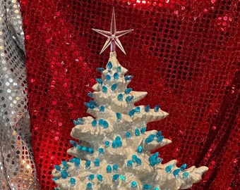 Shimmering white Frazier Fir ceramic Christmas tree with extra small aqua color bulbs, clear star and base by jmdceramicsart