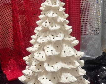 DIY Handmade Ceramic Bisque Xmas Tree and Base: Ornamented Tree to Paint - Custom made with 320 medium and small holes - No hole for topper