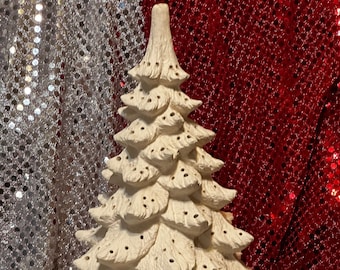 DIY Handmade Xmas Tree - DIY Ceramic Bisque Xmas Tree - Ornamented Christmas Tree and Base - Xmas Tree Bisque to Paint with Holes for Light