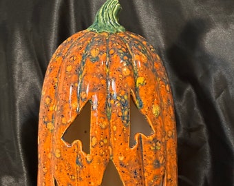 Glazed Large Ceramic Slim Pumpkin with cutouts for lights