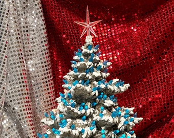 Snow-Dusted Christmas Tree with Auqua Bulbs and Plastic Star on Base - Handcrafted Ornamented Xmas tree - Festive Holiday Decor - Xmas Tree