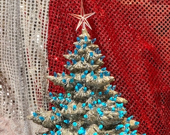 Star-Topped Christmas Tree with Aqua Blue Bulbs and Clear Star on Base - Aluminum Fir Christmas Tree - Handmade Ceramic Xmas Tree on Etsy