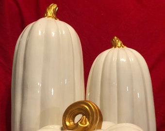 Set of 3 Milk Glazed Ceramic Pumpkins with Emperors Gold Stems by jmdceramicsart
