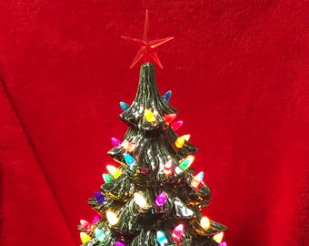 Handcrafted Ornamented Xmas Tree with Multicolored Bulbs and Star on Base - Glazed Green Holiday Ceramic Christmas Tree - Festive Xmas Decor