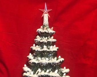 Rare Atlantic Molds Wall Hanging Ceramic Ornament Christmas Tree with clear bulbs, star, snow and custom glazed base by jmdceramicsart