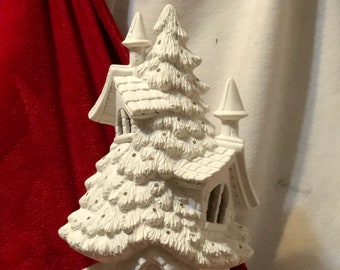 DIY Ceramic Biaque Spruce Lodge and Base - Handcrafted Ornamented Xmas Tree - DIY Xmas Tree Art - Clay Magic Tree Sculpture - Ceramic Tree