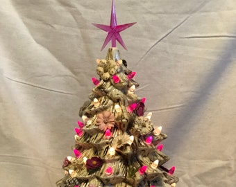 Ceramic Milk Glass Glazed with Spotted Walnut, pink and white bulbs and Empress White Base Mother's day tree with ornaments