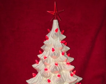 Milk Glass Glazed Ceramic Christmas Tree and Black Antique Base with red bulbs and star by jmdceramicsart