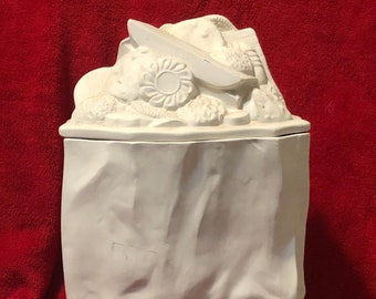 Very Rare One of a Kind Vintage Ceramic Grocery Bag Cookie Jar in bisque ready to paint