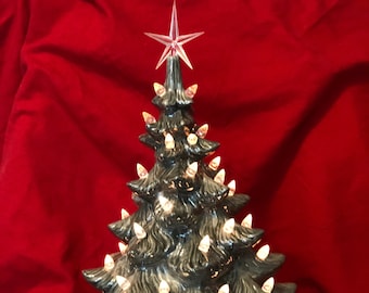 Silver and Mother of Pearl Glazed Ceramic Christmas Tree with base by jmdceramicsart