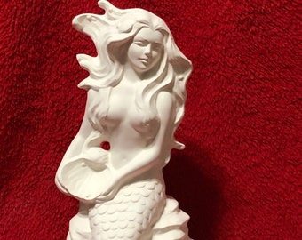 Ceramic Mermaid with Seashell in bisque ready to paint