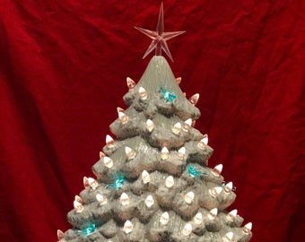 Sheer Blue Glazed Ceramic Christmas Tree with clear and blue bird light pack and base