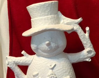 Hammered Finish Snowman  in ceramic bisque ready to paint with holes for bulbs