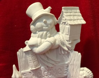 Ceramic Snowman Fence with bird and birdhouse in bisque ready to paint by jmdceramicsart