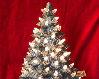 Handcrafted Christmas Tree with Clear Bulbs - Ornamented Ceramic Xmas tree - Festive Holiday Decor - Heavy Metal Gray Ceramic Xmas Tree Etsy