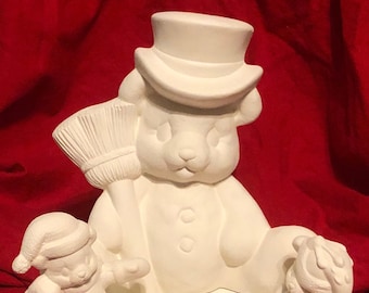 Clay Magic's Snowman Bear and 2 bear kids in ceramic bisque ready to paint