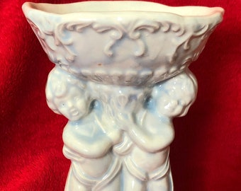 Milk Glass and Sheer Blue Glazed Ceramic Cherub Soap Dish by jmdceramicsart