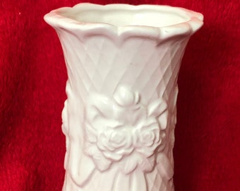 Rare Vintage Milk Glass Glazed Ceramic Rose and Ribbon Vase by jmdceramicsart