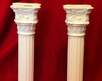 Set of 2 Ceramic Vintage Column Taper Candle Holders in bisque ready to paint
