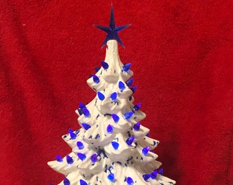 Glazed Ceramic "Peacekeeper" Christmas Tree and Base with blue bulbs and star