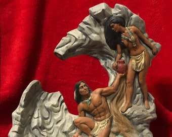 Dry Brushed Ceramic Native American Scene water fountain