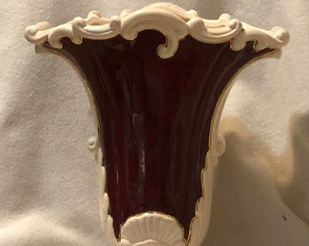 One of a kind Milk Glass and Burgundy Glazed Ceramic Vase with 14K Gold Trim