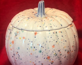 Milk White and Fruity Freckles Glazed Ceramic Pumpkin Candy Dish with a Danish Blue stem by jmdceramicsart