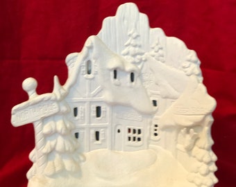 Rare Ceramic 2 piece set Snowman Village with cut outs for light in bisque ready to paint by jmdceramicsart
