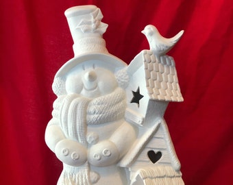 Creative Paradise Molds Snowman with bird houses with cut outs for lights in bisque ready to paint by jmdceramicsart