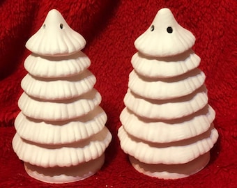 Set of 2 Very Rare Ceramic Christmas Tree Salt and Pepper Shakers in bisque ready to paint with rubber stoppers