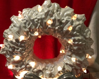 Milk Glass Glazed and Mother of Pearl Glazed Ceramic Wreath with Bow Base, clear bulbs and light kit