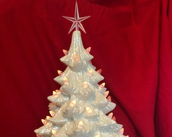 Handcrafted Ornamented Xmas Tree and Base - Shimmering White Xmas Tree - Ceramic  - Ceramic Christmas Tree - Festive Xmas Decor - Xmas Tree