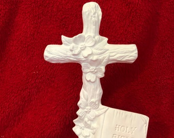 Dogwood Cross with Bible Ceramic Bisque ready to paint