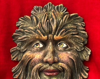 Green Man Mask Wall Hanging Ceramic Art