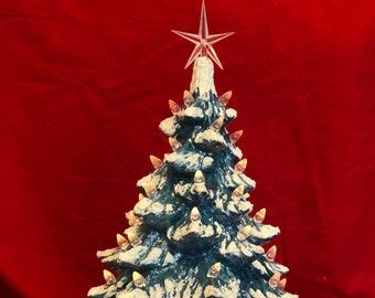 Snow-Dusted Christmas Tree and Base with Plastic Bulbs & Star - Handcrafted Ornamented Xmas Tree - Festive Xmas Decor -  Heirloom Xmas Tree