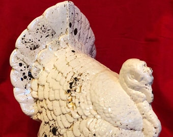 Handcrafted Ceramic Turkey - Thankgiving Tabletop - Ornamented Holiday Centerpiece - Rustic White Turkey Figurine - Holiday Turkey Sculpture