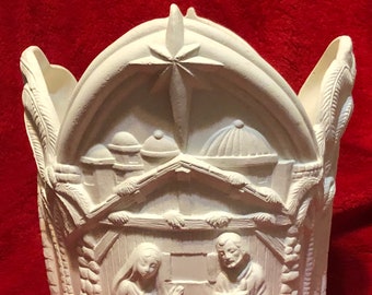 Rare Nativity Hurricane Candle Holder in Ceramic Bisque ready to paint by jmdceramicsart