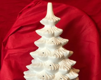 Very Rare Ceramic Atlantic Molds Ornament Christmas gift tree and base with holes for lights in bisque ready to paint by jmdceramicsart