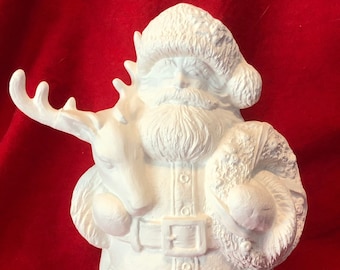 Rare Gare Molds Santa with Deer and Wreath in Ceramic Bisque ready to paint by jmdceramicsart